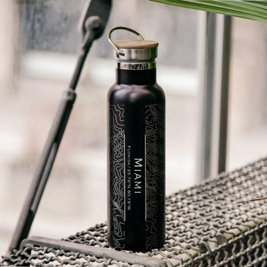 Miami - Florida Map Bottle with Bamboo Top in Matte Black